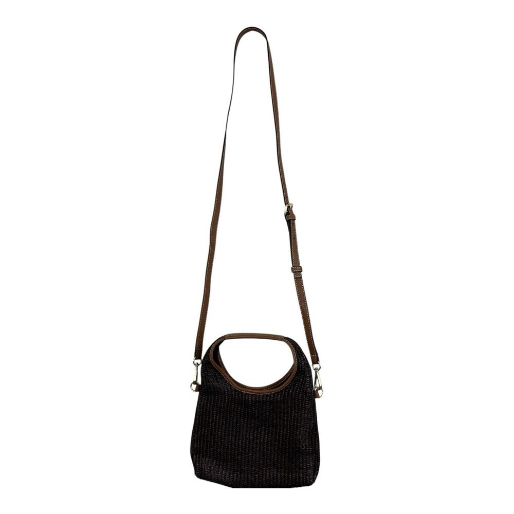 J Jill Straw Crossbody Leather Trim Small Brown Top Handle Detachable Strap